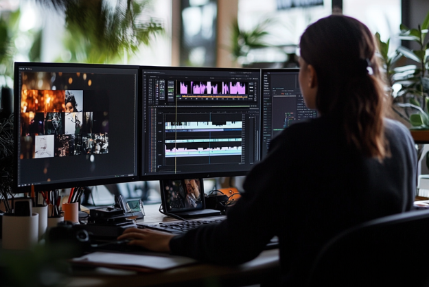 Woman editing content on computers