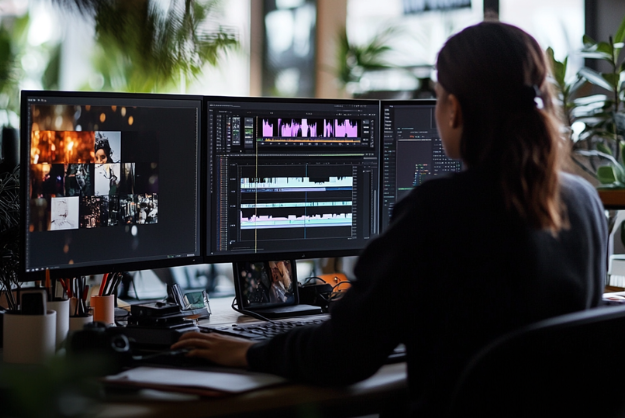 Woman editing content on computers Woman editing content on computers